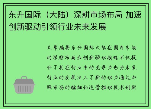 东升国际（大陆）深耕市场布局 加速创新驱动引领行业未来发展